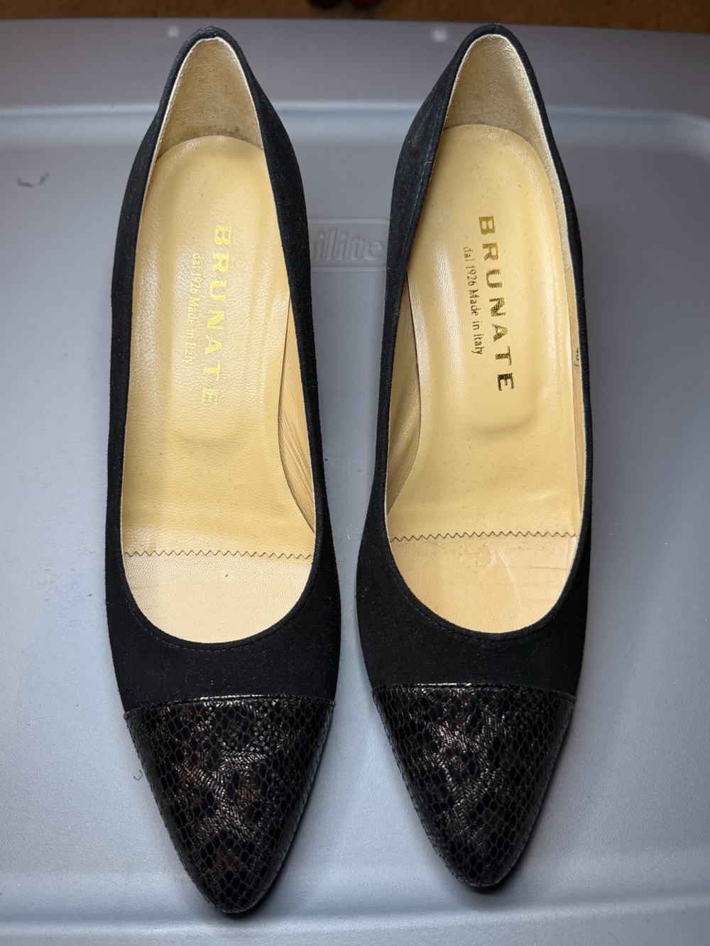 Brunate Black Pointed-Toe Heels with Textured Cap